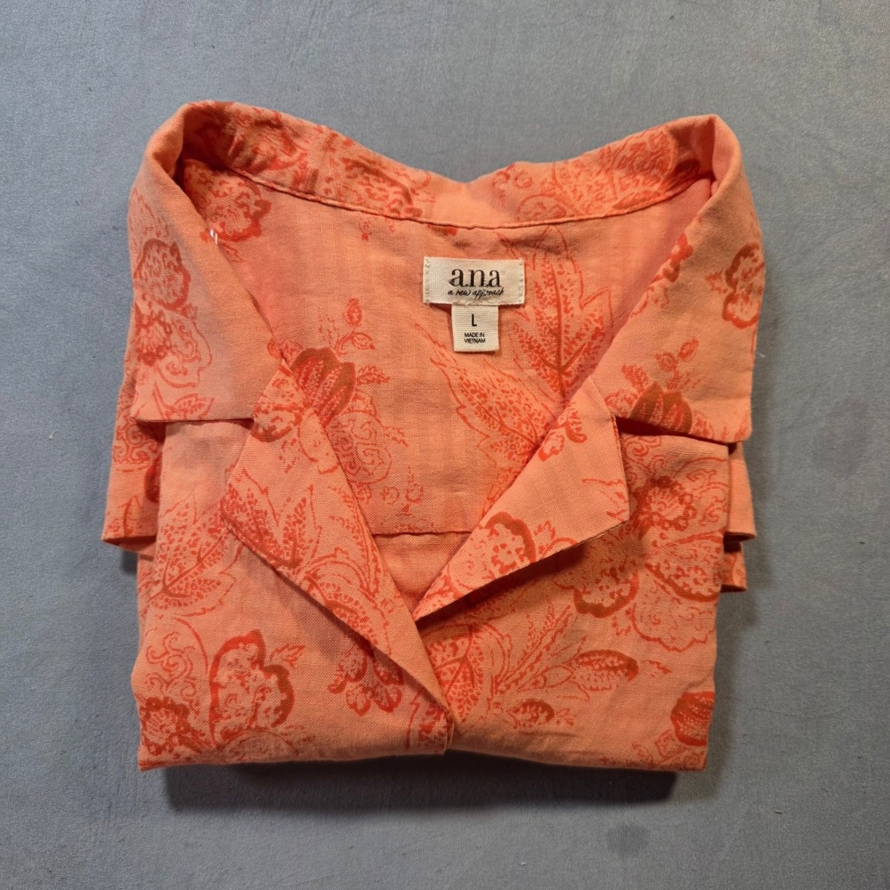 ana A New Approach Coral Orange Floral Button Down Short Sleeve‎ Shirt Large